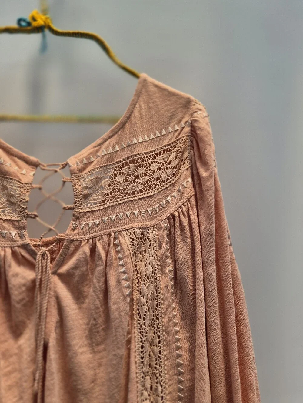 Free People Silverlake Peasant Blouse Large Peach Fairycore 70s Boho Chic Lace